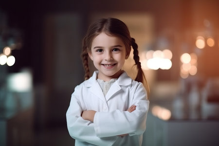 Portrait of a smiling little girl in a lab coat standing with her arms crossedの素材