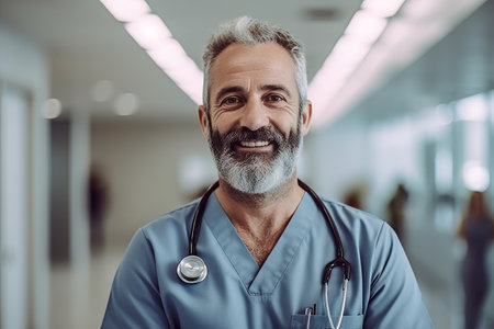 Portrait of smiling senior doctor with stethoscope standing in hospital corridorの素材