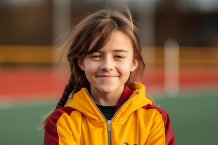 Portrait of a cute little girl in a yellow jacket on the playgroundの素材