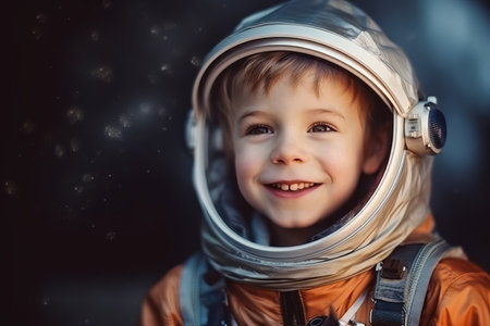 Portrait of a little boy in the helmet of an astronaut.の素材