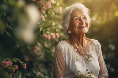 Portrait of smiling senior woman in blooming garden on sunny dayの素材