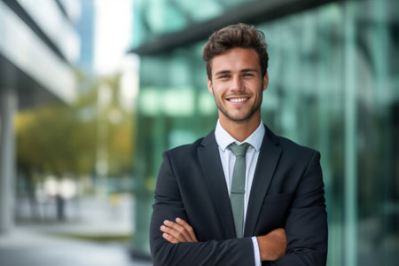 Portrait of a young businessman standing with his arms crossed in front of a modern office buildingの素材