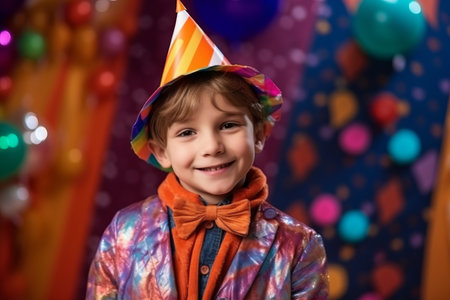 Portrait of a boy in a party hat on a background of colorful balloonsの素材
