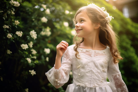 Beautiful little girl in a white dress on the background of a blooming gardenの素材
