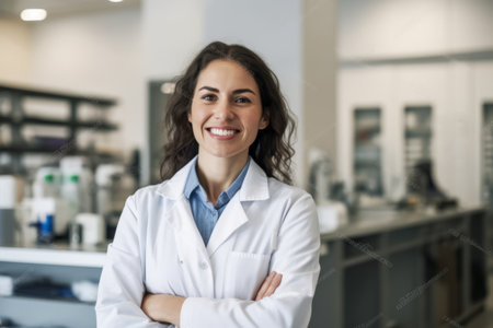 Portrait of smiling female scientist standing with arms crossed in laboratory.の素材