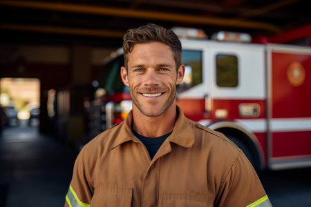 Portrait of smiling firefighter standing in front of fire truck at fire stationの素材