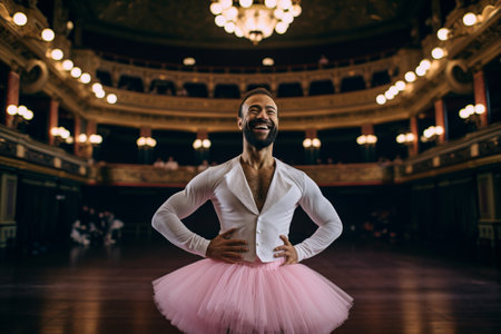 Young man ballerina in pink tutu dancing in a theaterの素材