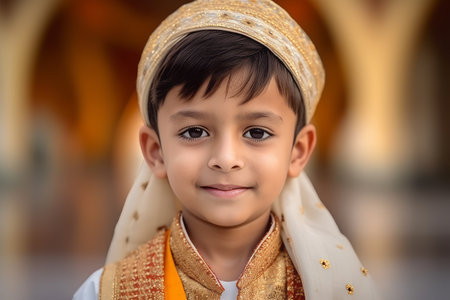 Portrait of a cute little boy wearing traditional clothes in the mosqueの素材