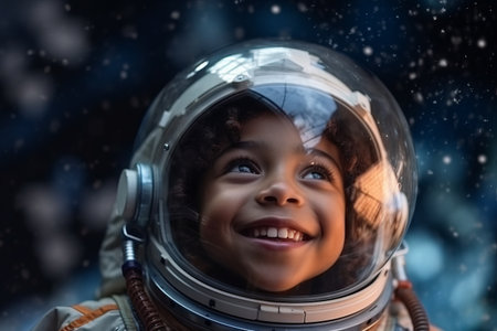 Portrait of cute little girl wearing astronaut helmet and smiling while standing in spaceの素材