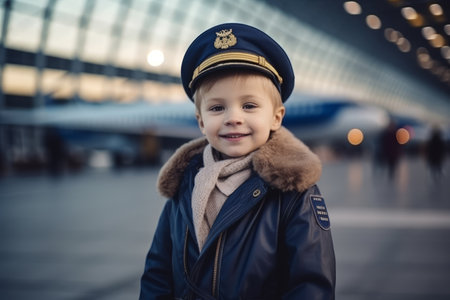 Portrait of a little boy in a pilot's cap and coat at the airportの素材