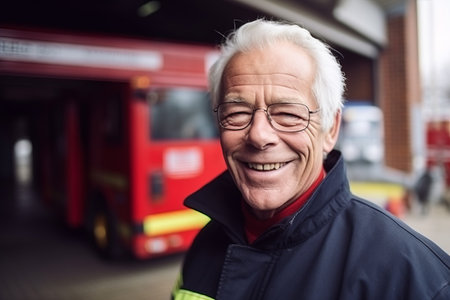 Portrait of a senior man smiling in front of a red busの素材
