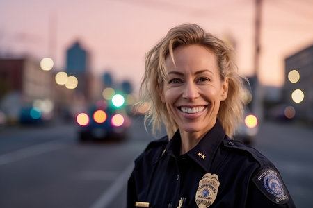 Portrait of a beautiful police woman in the city at dusk.の素材