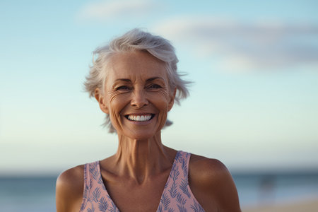 Portrait of happy senior woman smiling at camera on beach during sunny dayの素材