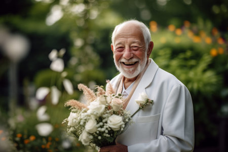 Portrait of a senior man with a bouquet of flowers.の素材