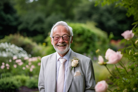 Portrait of a happy senior man with flowers in his garden.の素材