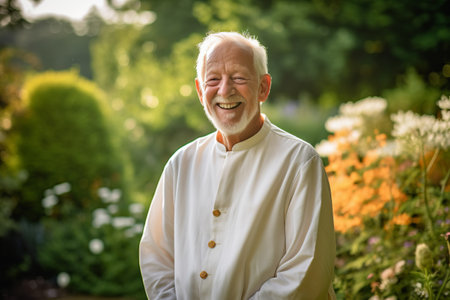 Portrait of a smiling senior man standing in his garden on a sunny dayの素材