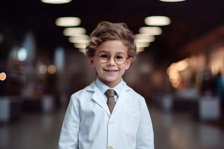 Cute little boy in lab coat and eyeglasses. Portrait of a smiling little boy.の素材