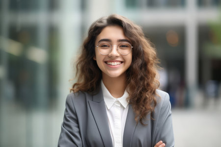 Portrait of beautiful young businesswoman in glasses outdoors. Success conceptの素材