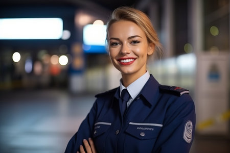 Portrait of a beautiful police woman in uniform at the gas stationの素材