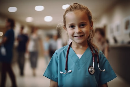 Portrait of smiling little girl in medical uniform with stethoscope in hospital corridorの素材
