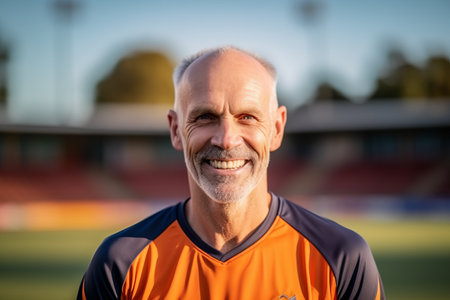 Portrait of happy senior man in sports wear smiling at camera at stadiumの素材