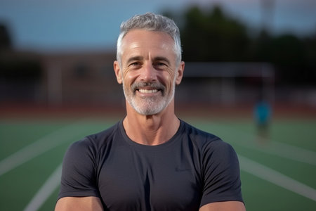 Portrait of smiling senior man standing on sports field at sunrise in summerの素材