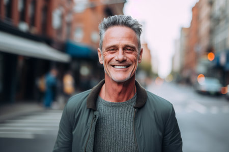 Portrait of a handsome mature man in the city. He is smiling and looking at camera.の素材