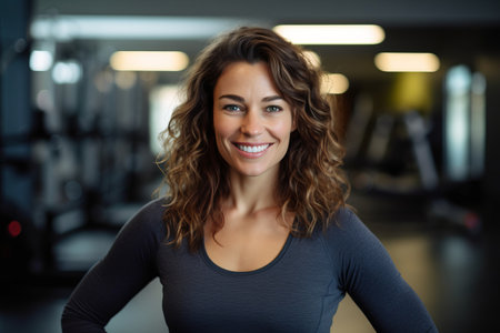 Portrait of smiling sporty woman in fitness studio looking at cameraの素材
