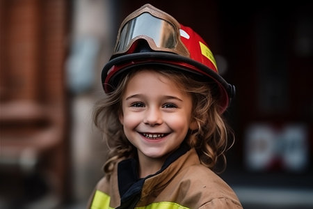 Portrait of a smiling boy in a firefighter's helmet on the background of the building.の素材