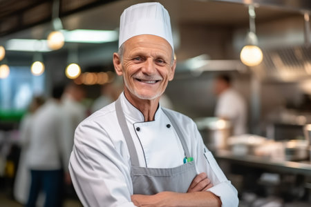 Portrait of mature male chef standing with arms crossed in commercial kitchenの素材