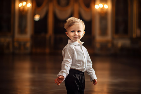 Cute little boy in white shirt and black pants posing in the hallの素材