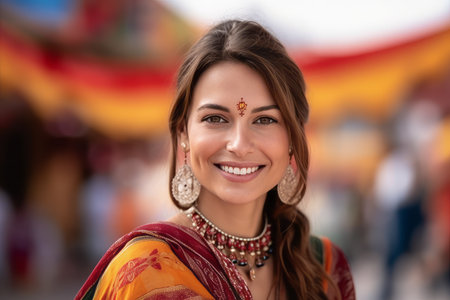 Portrait of a beautiful young Indian woman in sari smiling at the cameraの素材