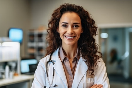 Portrait of smiling female doctor standing with arms crossed in medical officeの素材