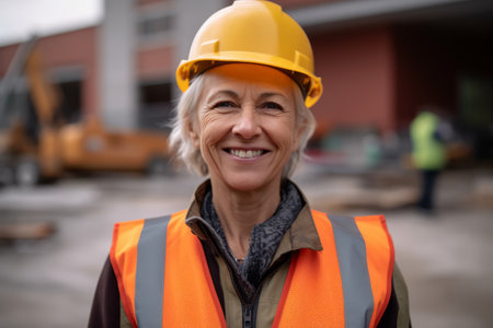Portrait of mature female engineer smiling at camera while standing in construction siteの素材