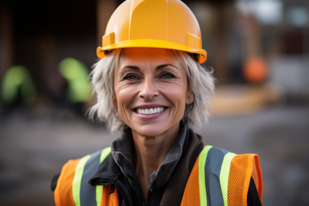 Portrait of female engineer smiling at camera while standing on construction siteの素材