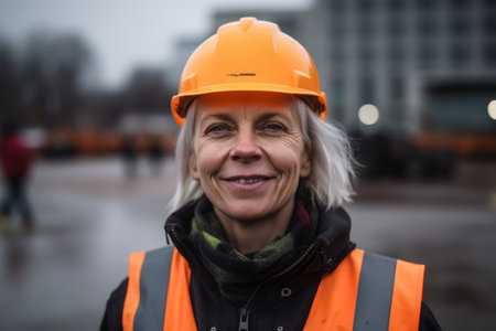 Portrait of a mature woman construction worker wearing orange safety helmet outdoorsの素材