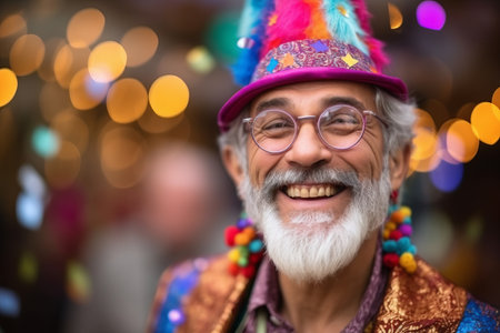 Portrait of happy senior man in carnival costume on Christmas marketの素材