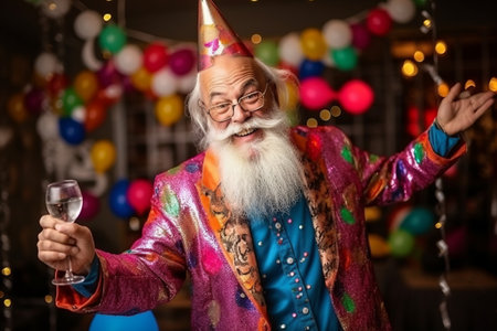 Portrait of cheerful old man with long white beard and mustache holding glass of champagne at birthday partyの素材