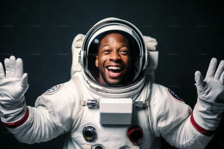 Happy african american man in space suit looking at camera and smilingの素材