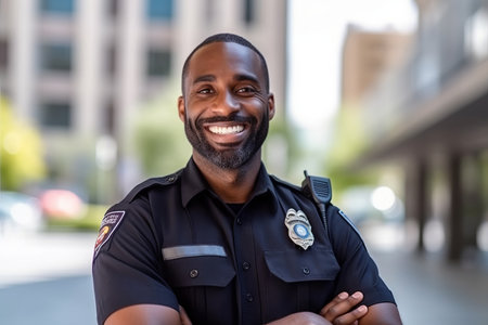 portrait of smiling african american police officer with arms crossedの素材