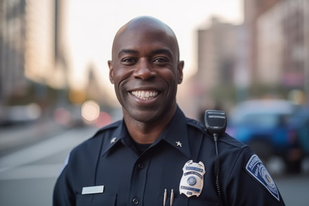 Portrait of smiling african american police officer on the streetの素材
