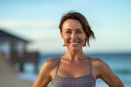 Portrait of smiling sporty woman standing on the beach at sunriseの素材