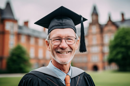 Portrait of happy senior man in graduation cap and eyeglassesの素材