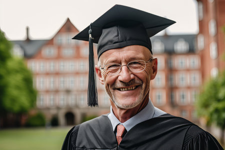 senior man in graduation gown and eyeglasses smiling at cameraの素材