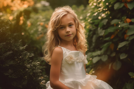 Portrait of a beautiful little girl in a white dress in the park.の素材