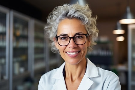 Portrait of smiling female scientist in lab coat and eyeglassesの素材