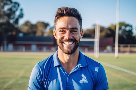 Portrait of smiling rugby player standing on field in stadium during sunny dayの素材