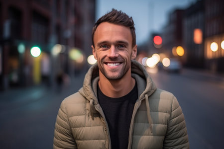 Portrait of a handsome young man smiling in the city at nightの素材