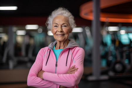 Portrait of smiling senior woman standing with arms crossed in fitness centerの素材