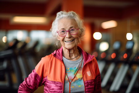 Portrait of smiling senior woman in sportswear at fitness centerの素材